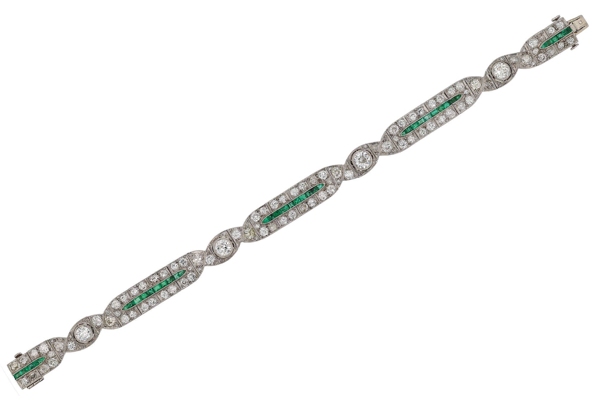 Art Deco Platinum 6 Carat Diamond and Calibré Emerald Bracelet