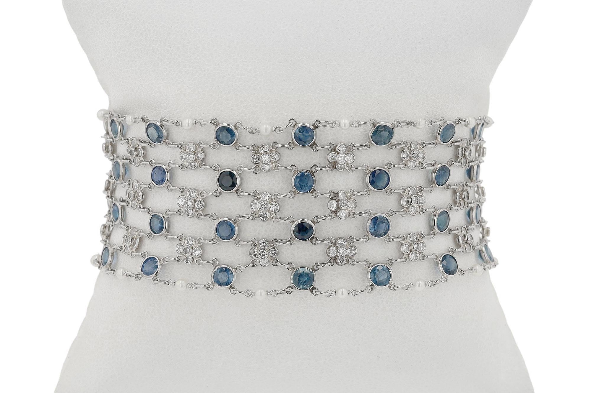 Art Deco Diamond Sapphire Platinum Mesh Bracelet