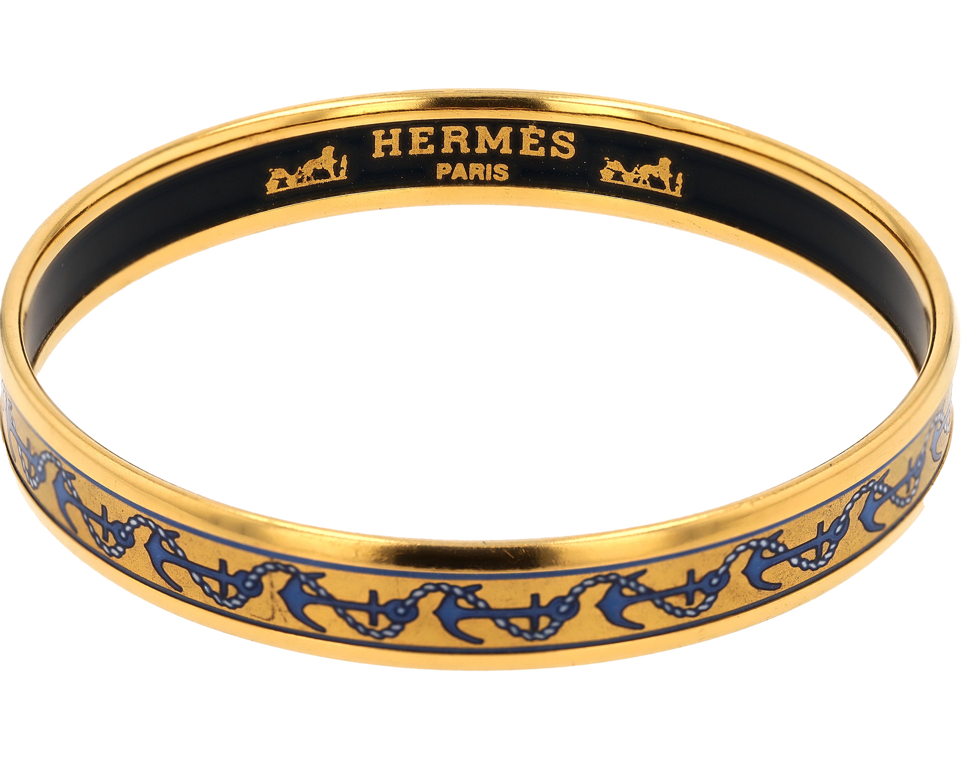 Vintage Hermes Gold Plated Enamel Anchor Bangle Bracelet
