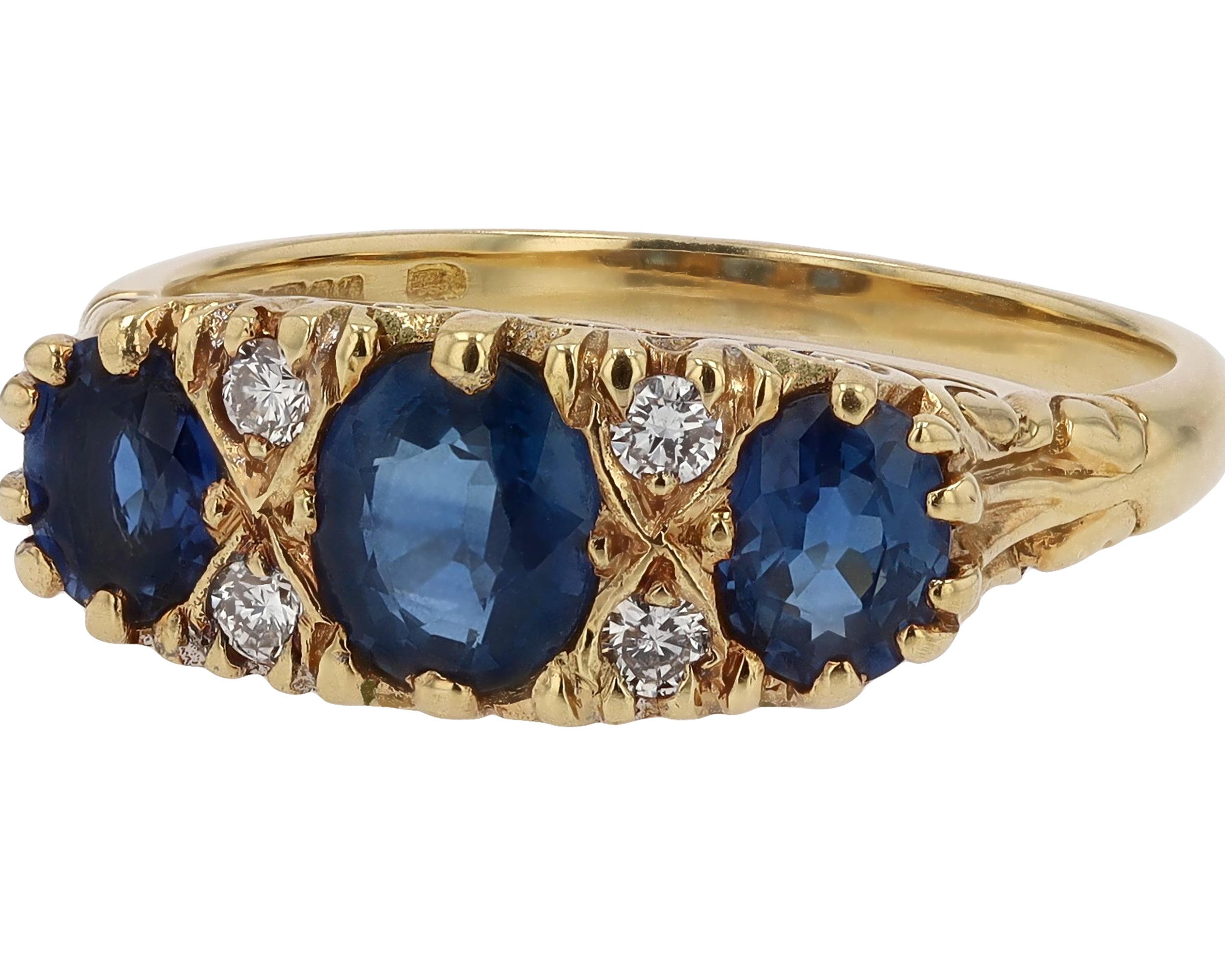 Vintage English 3-Stone Sapphire Diamond Trilogy Ring
