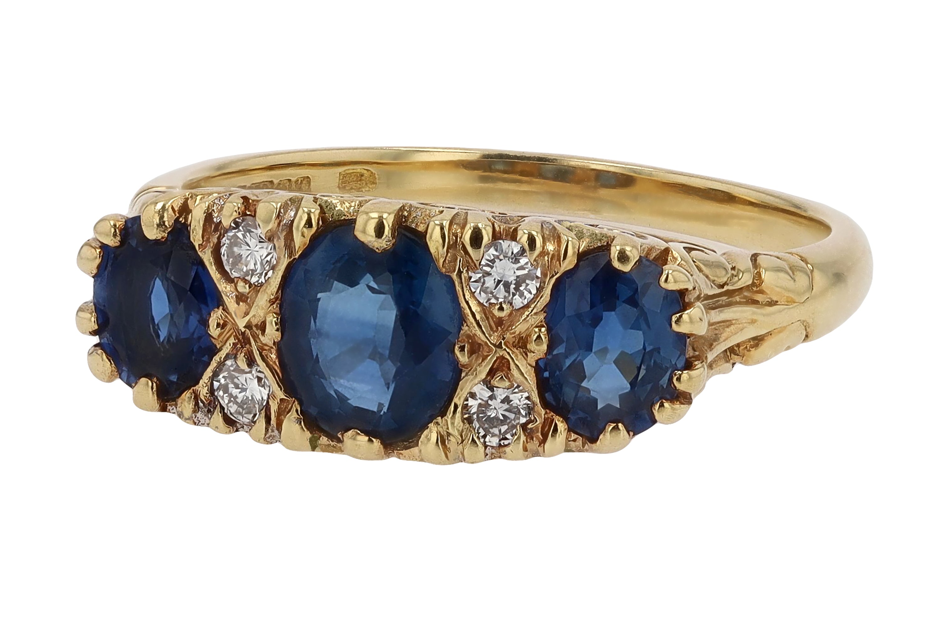 Vintage English 3-Stone Sapphire Diamond Trilogy Ring
