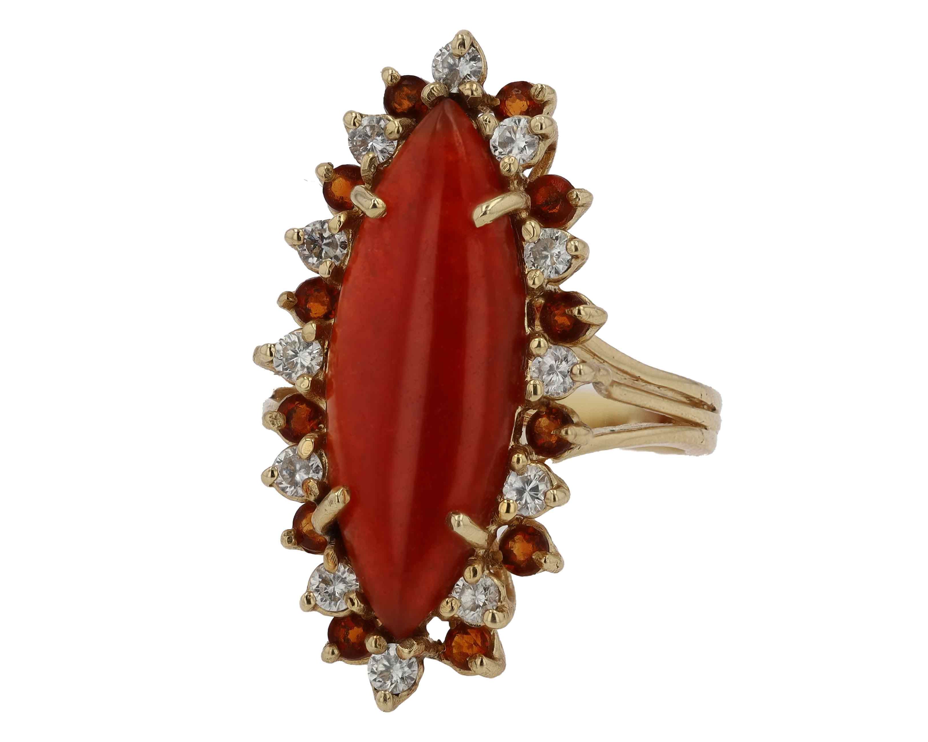 Elongated Mid Century Carnelian Diamond Citrine Cocktail Ring