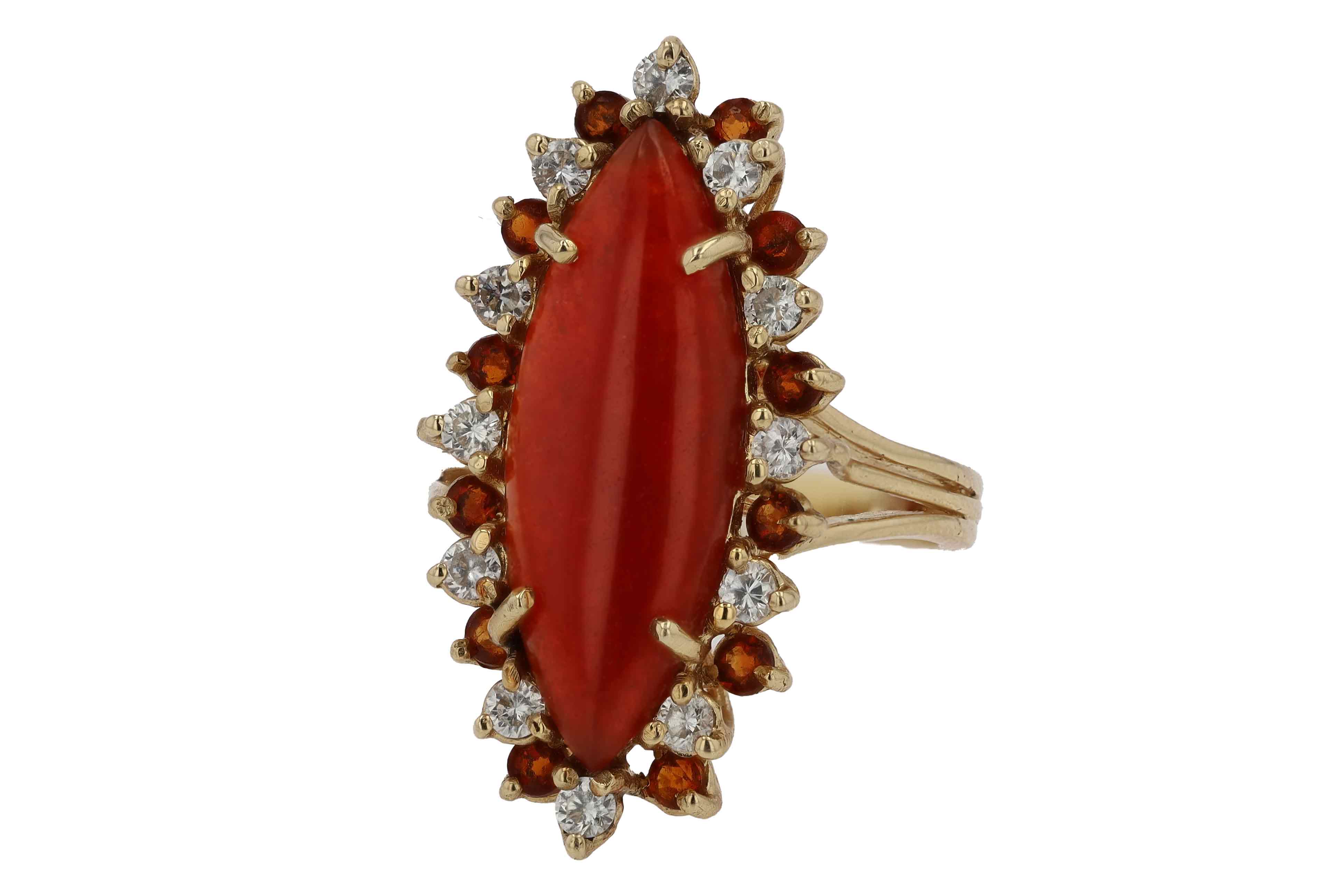 Elongated Mid Century Carnelian Diamond Citrine Cocktail Ring