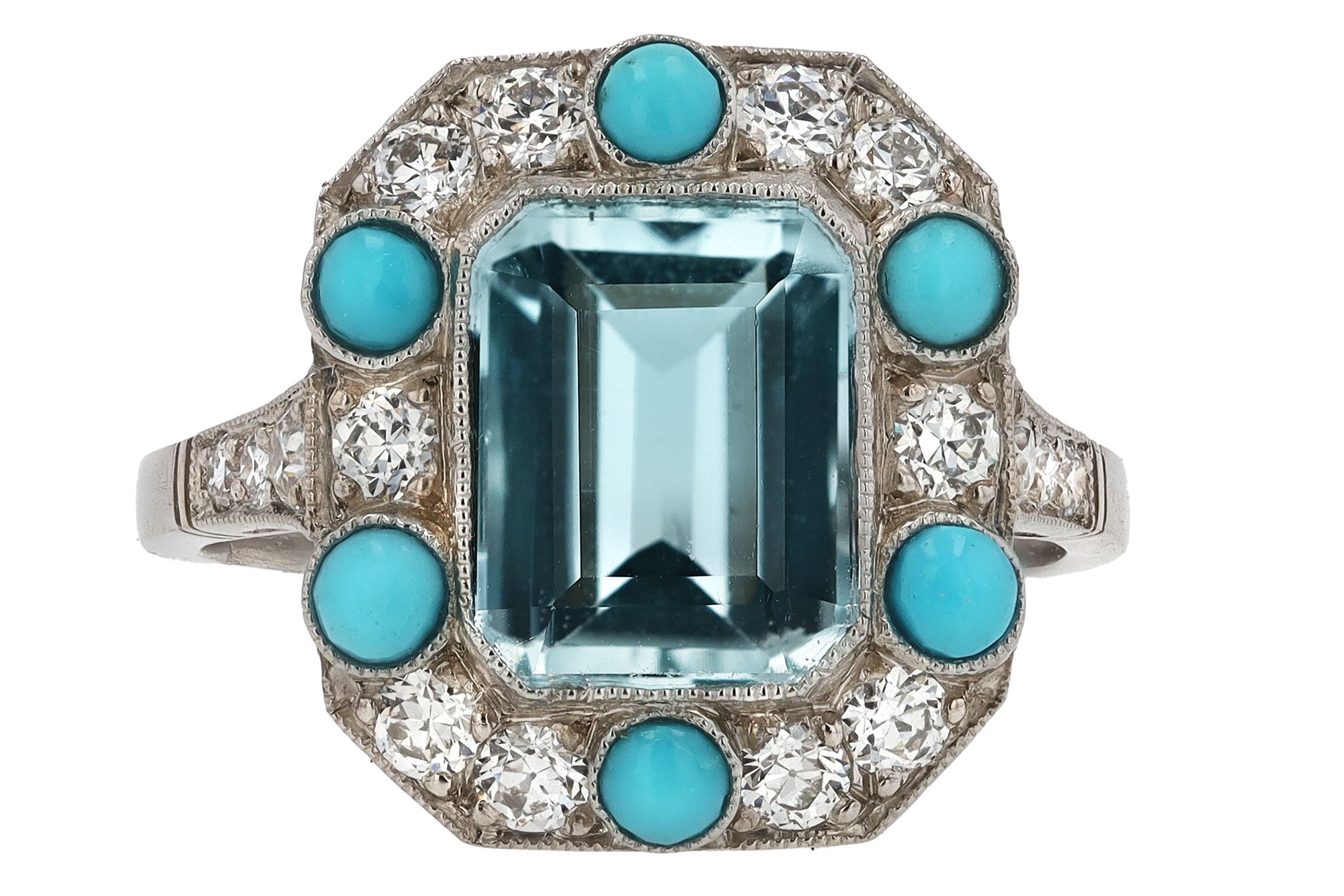 Art Deco Revival Aquamarine Turquoise and Diamond Ring