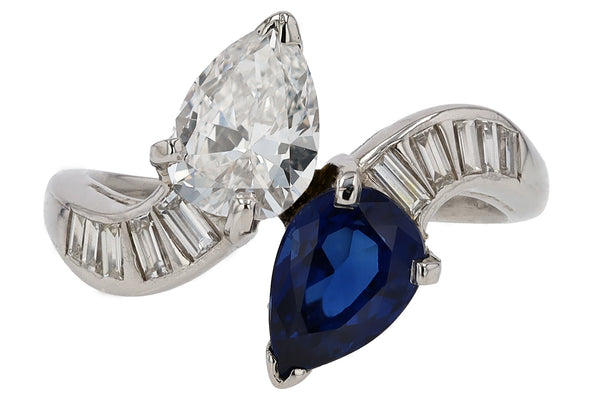 GIA Certified Pear Cut Diamond & Sapphire Toi Et Moi Ring
