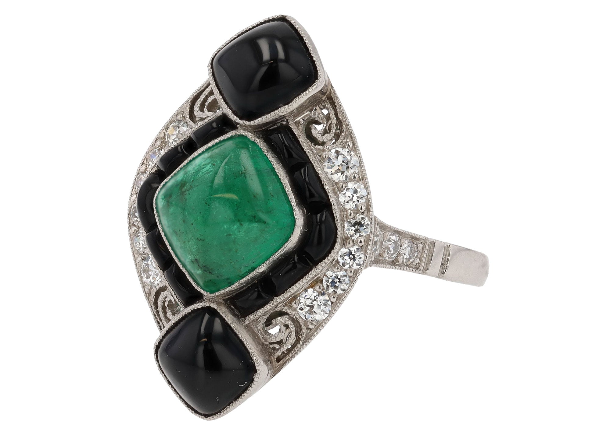 Art Deco Style Columbian Emerald Onyx & Diamond Cocktail Ring