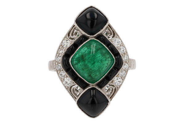Art Deco Style Columbian Emerald Onyx & Diamond Cocktail Ring