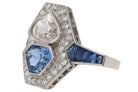 Art Deco Style Diamond & Sapphire Shield Cut Engagement Ring