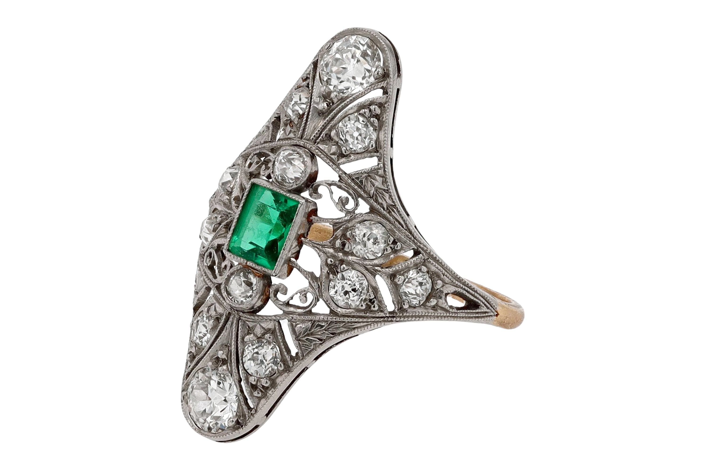 Antique Edwardian Filigree Emerald and Diamond Dinner Ring