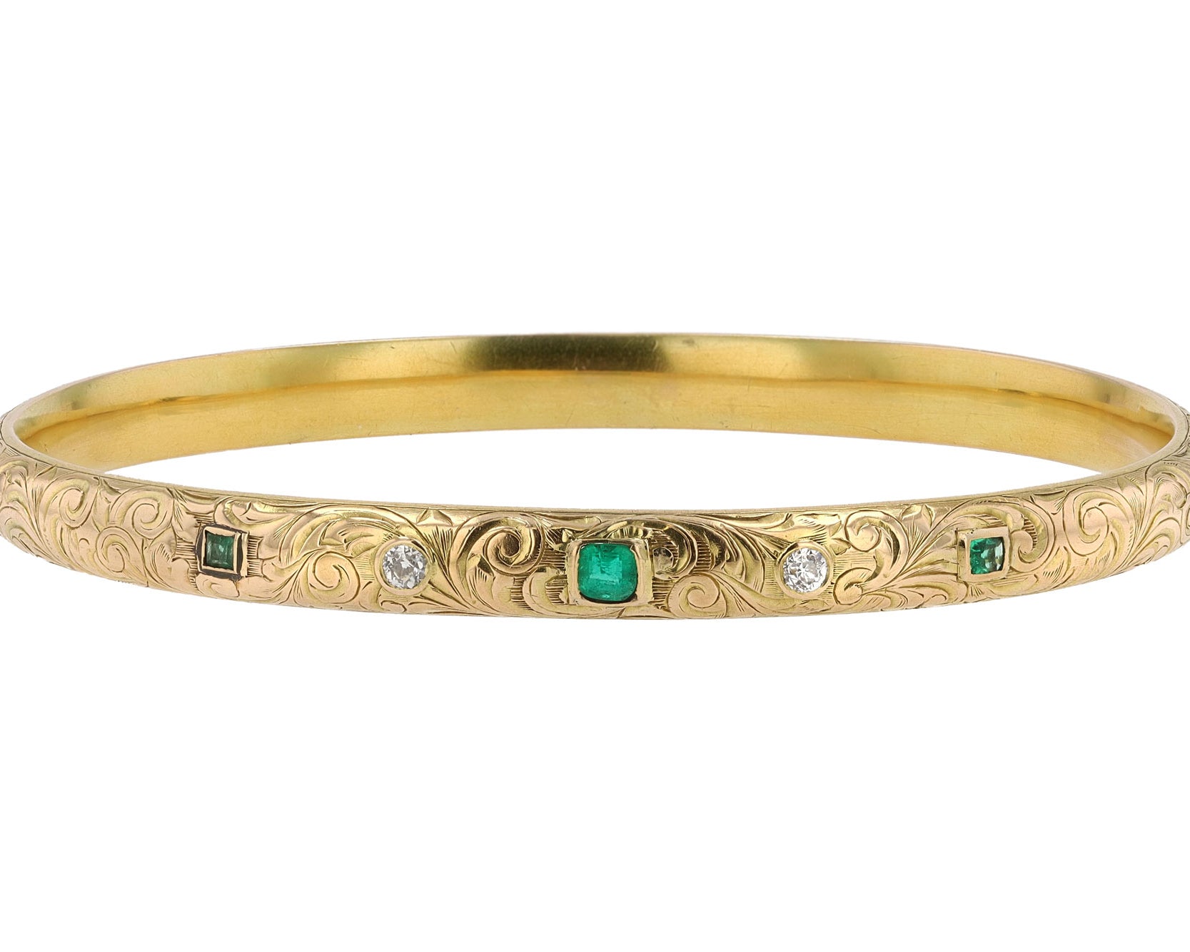 Antique Art Nouveau Diamond and Emerald Engraved Bangle
