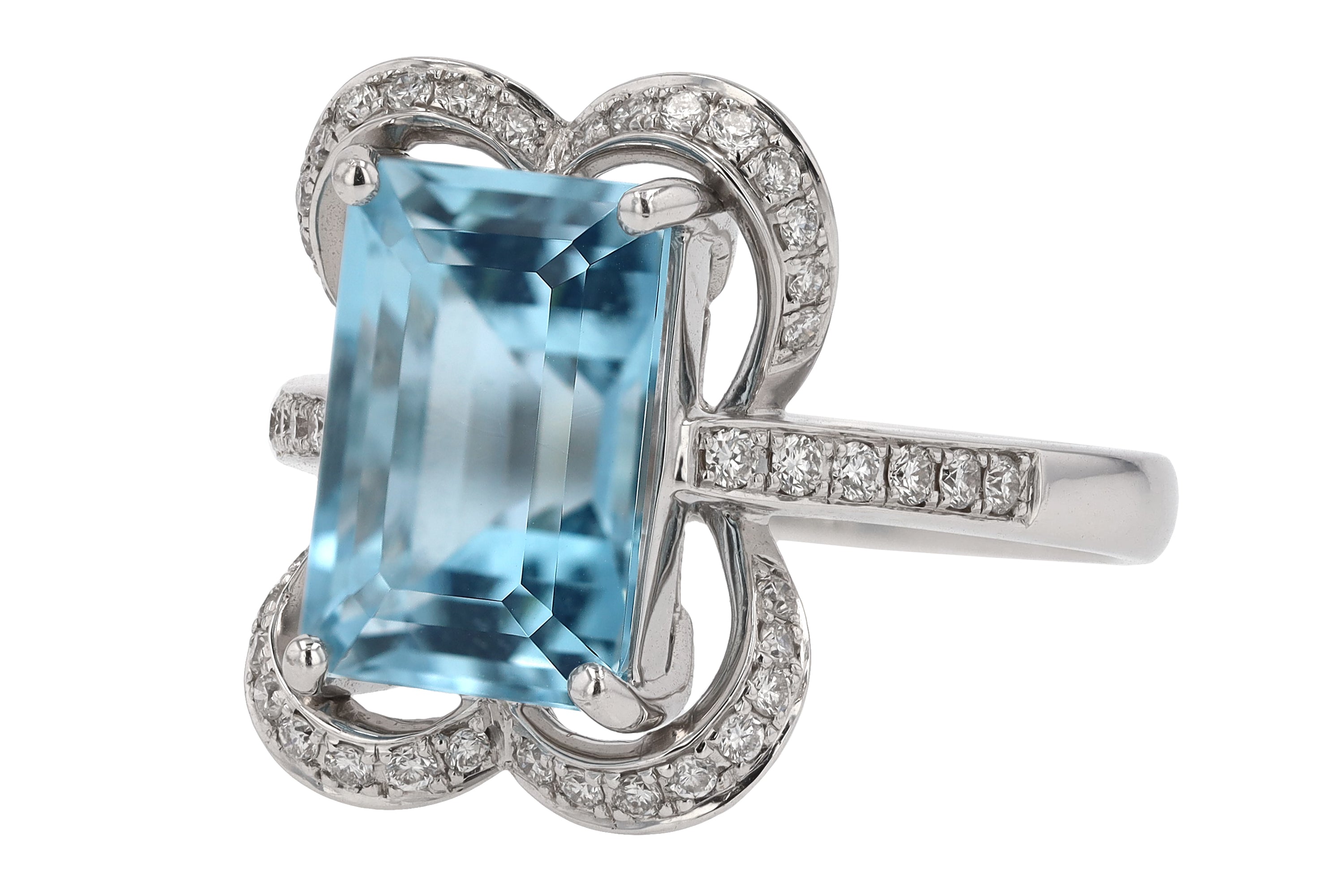 Vintage Emerald Cut Aquamarine Alhambra Engagement Ring