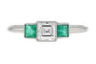 Minimalist Carre Cut Diamond Emerald 3 Stone Engagement Ring