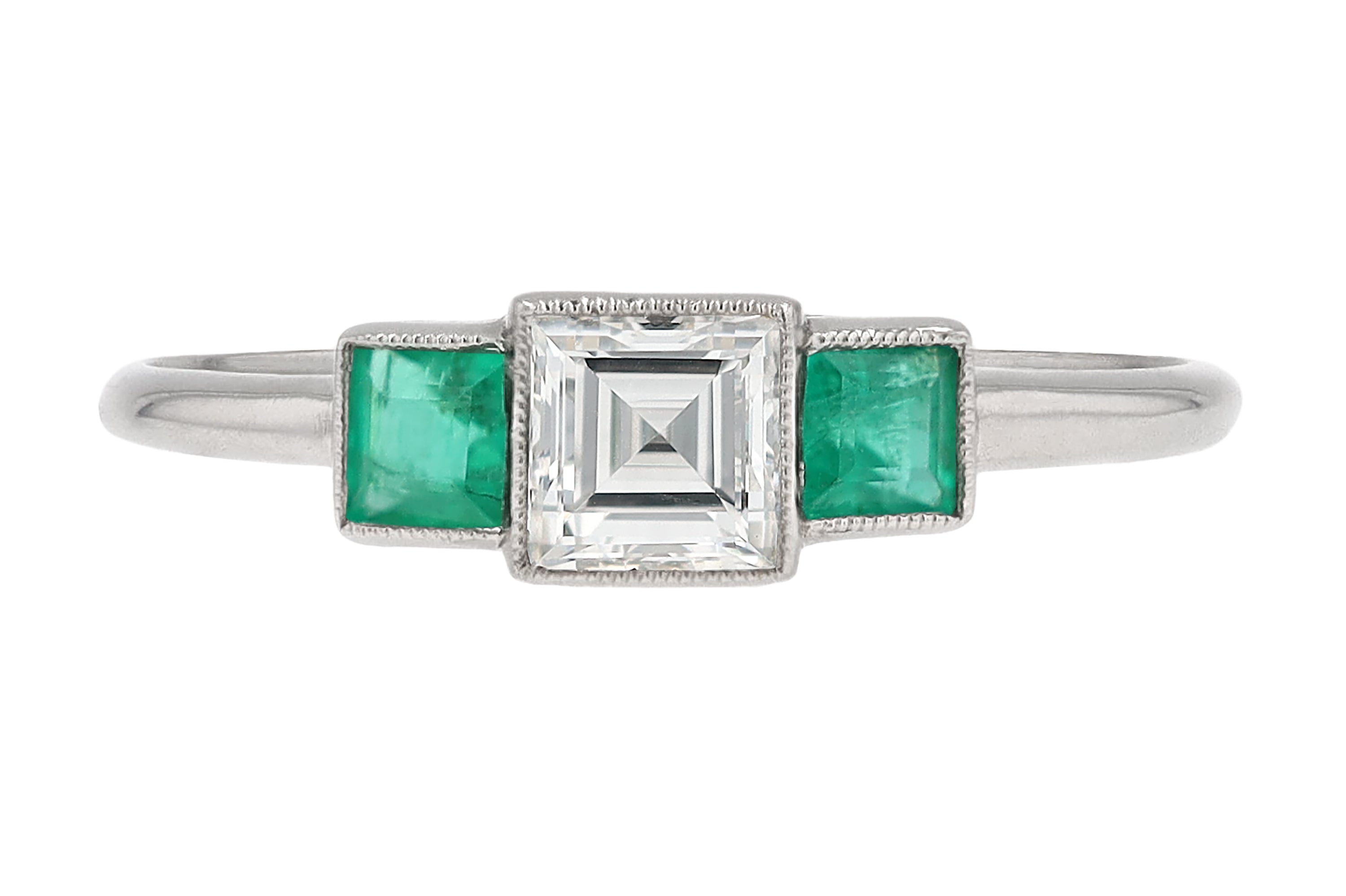 Minimalist Carre Cut Diamond Emerald 3 Stone Engagement Ring