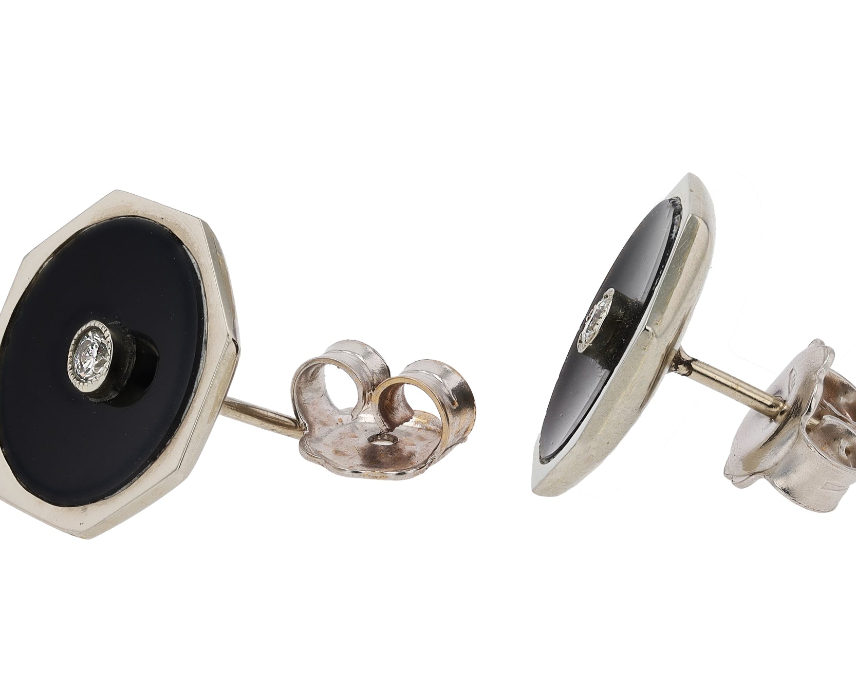Vintage Art Deco 18k White Gold, Black Onyx and Diamond Octagon Earrings