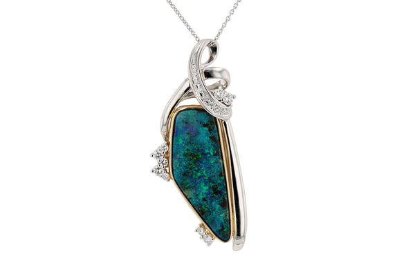 Vintage 10.74 Carat Boulder Opal and Diamond Pendant Necklace