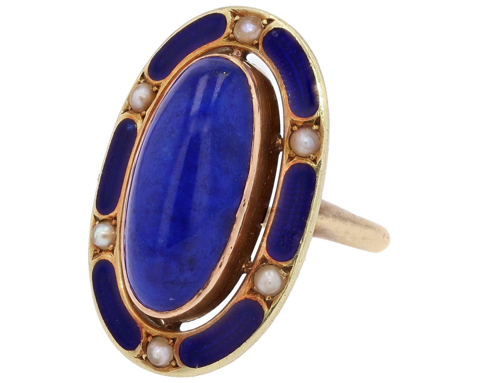 Antique Art Nouveau Lapis Lazuli & Enamel 14k Gold Cocktail Ring