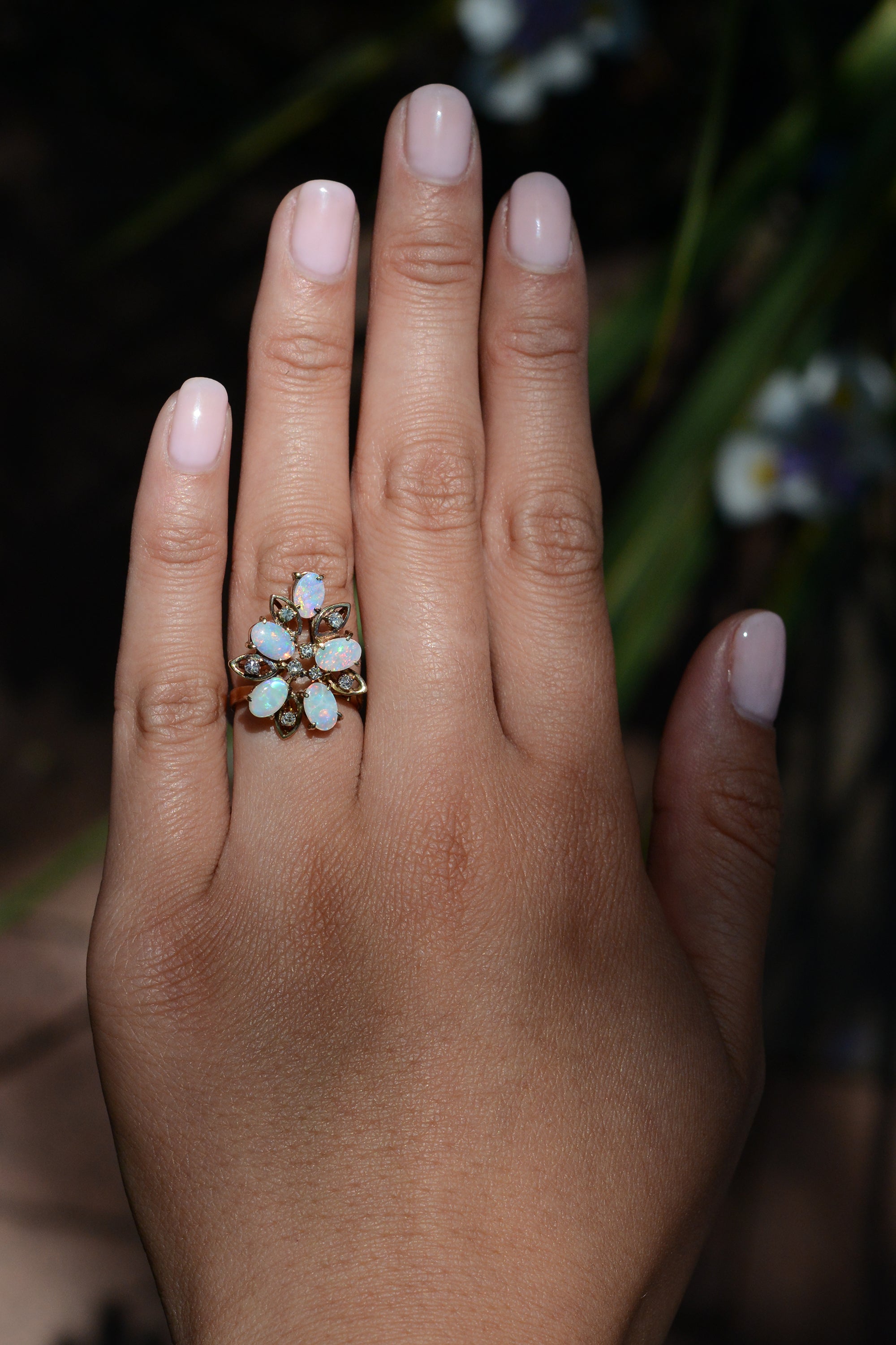Mid Century Opal Flower Cluster Cocktail Ring