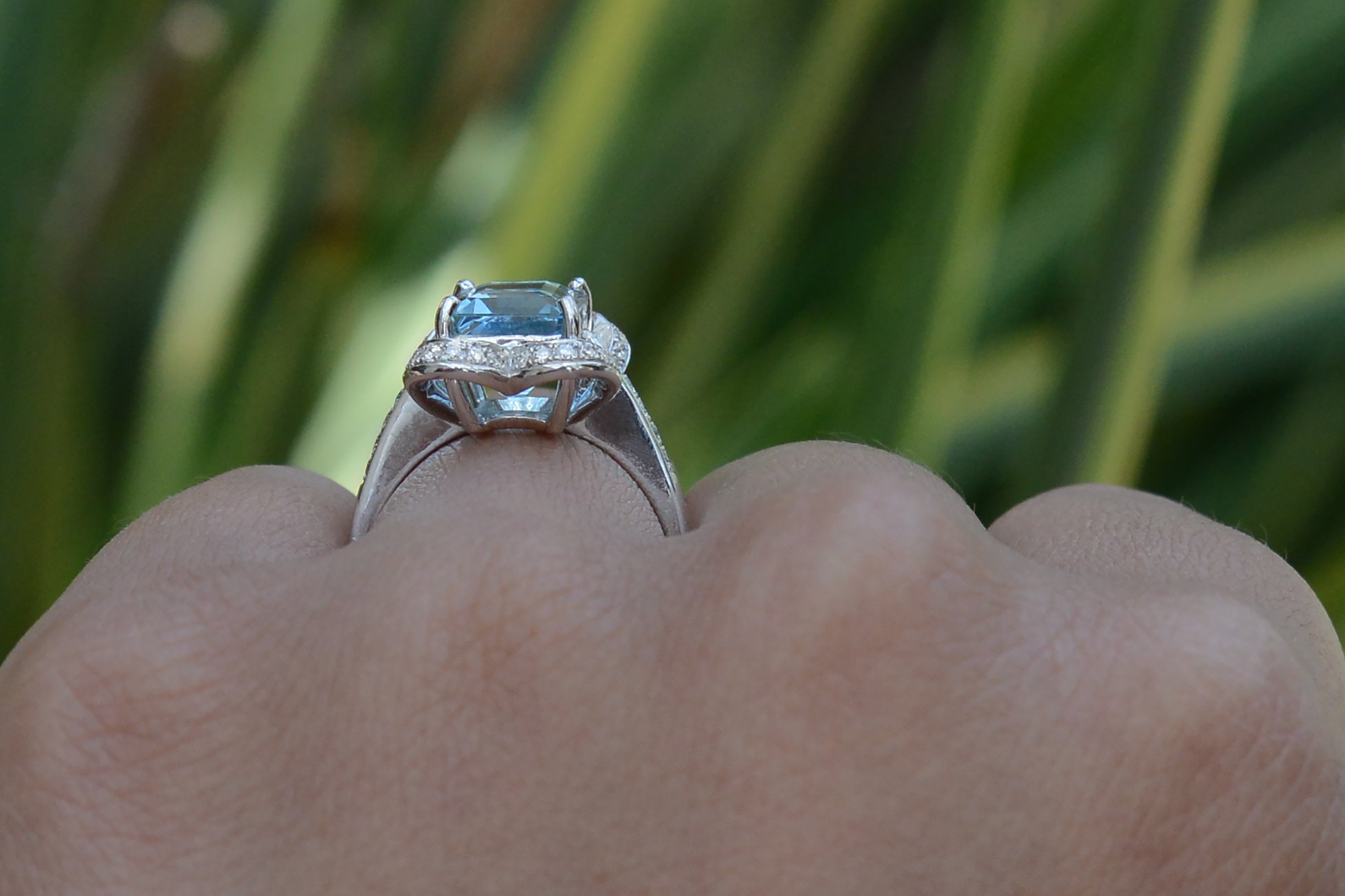 Vintage Emerald Cut Aquamarine Alhambra Engagement Ring