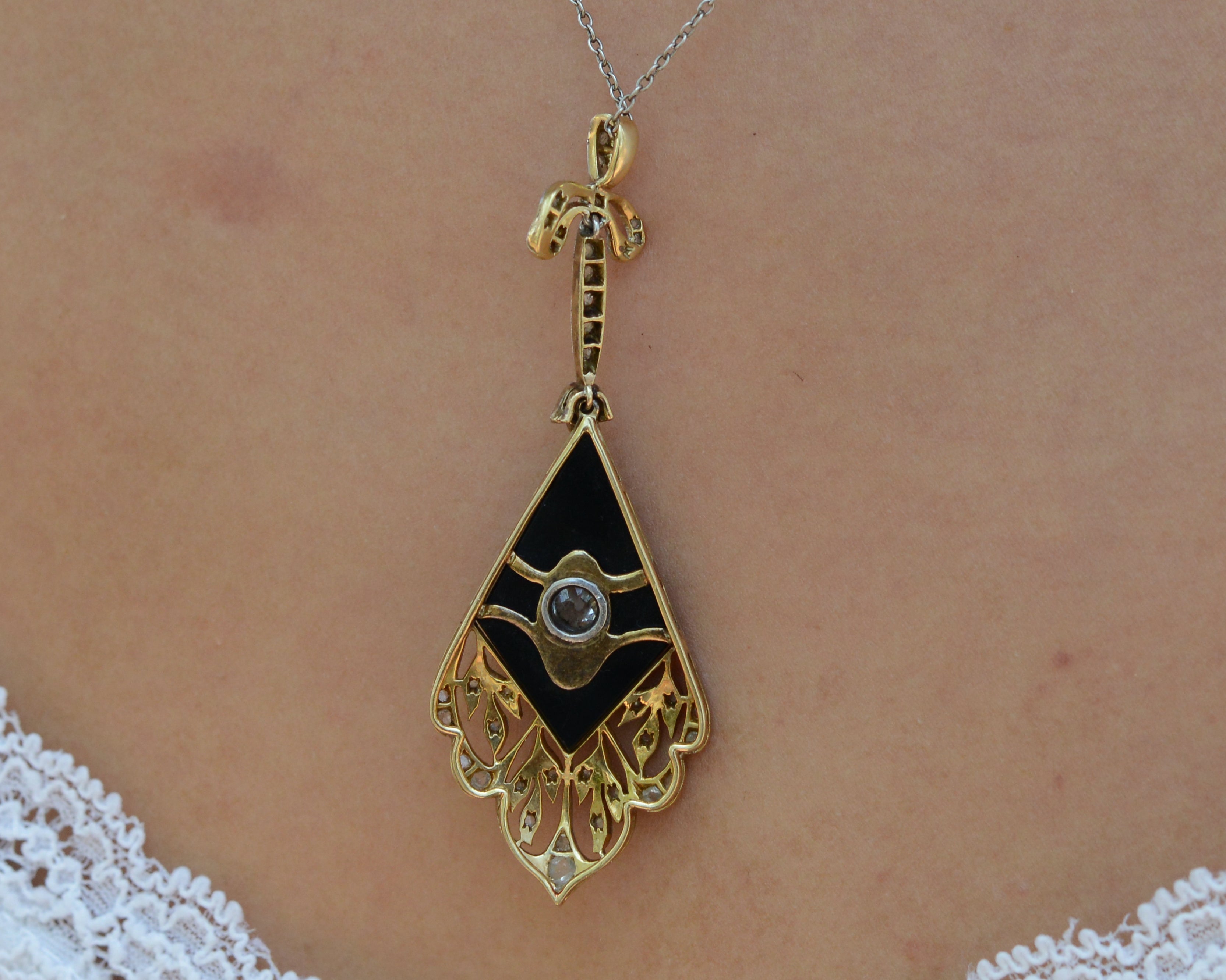 Antique Edwardian Black Onyx Diamond Bow Necklace