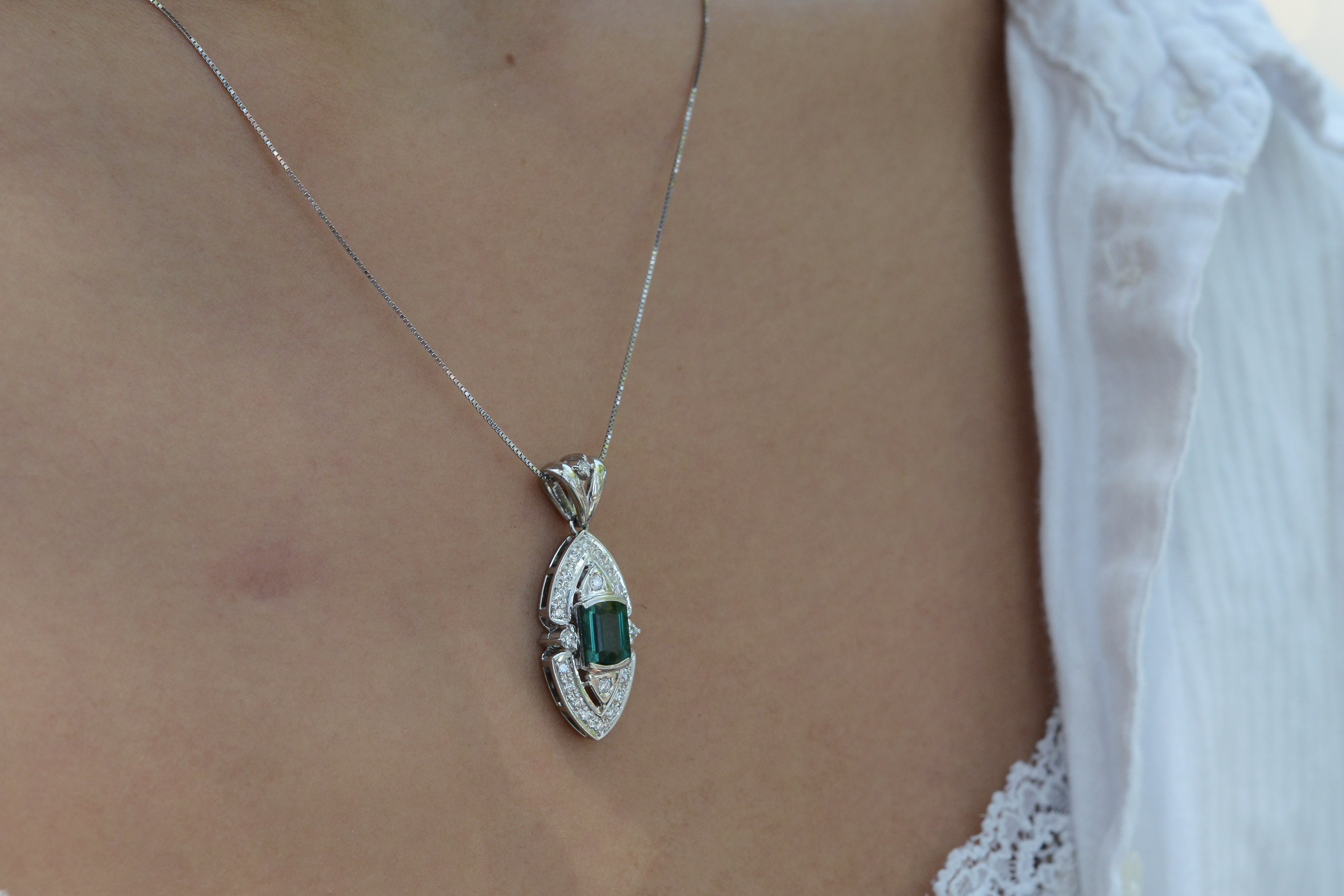 Vintage Indicolite Tourmaline Diamond Pendant Necklace