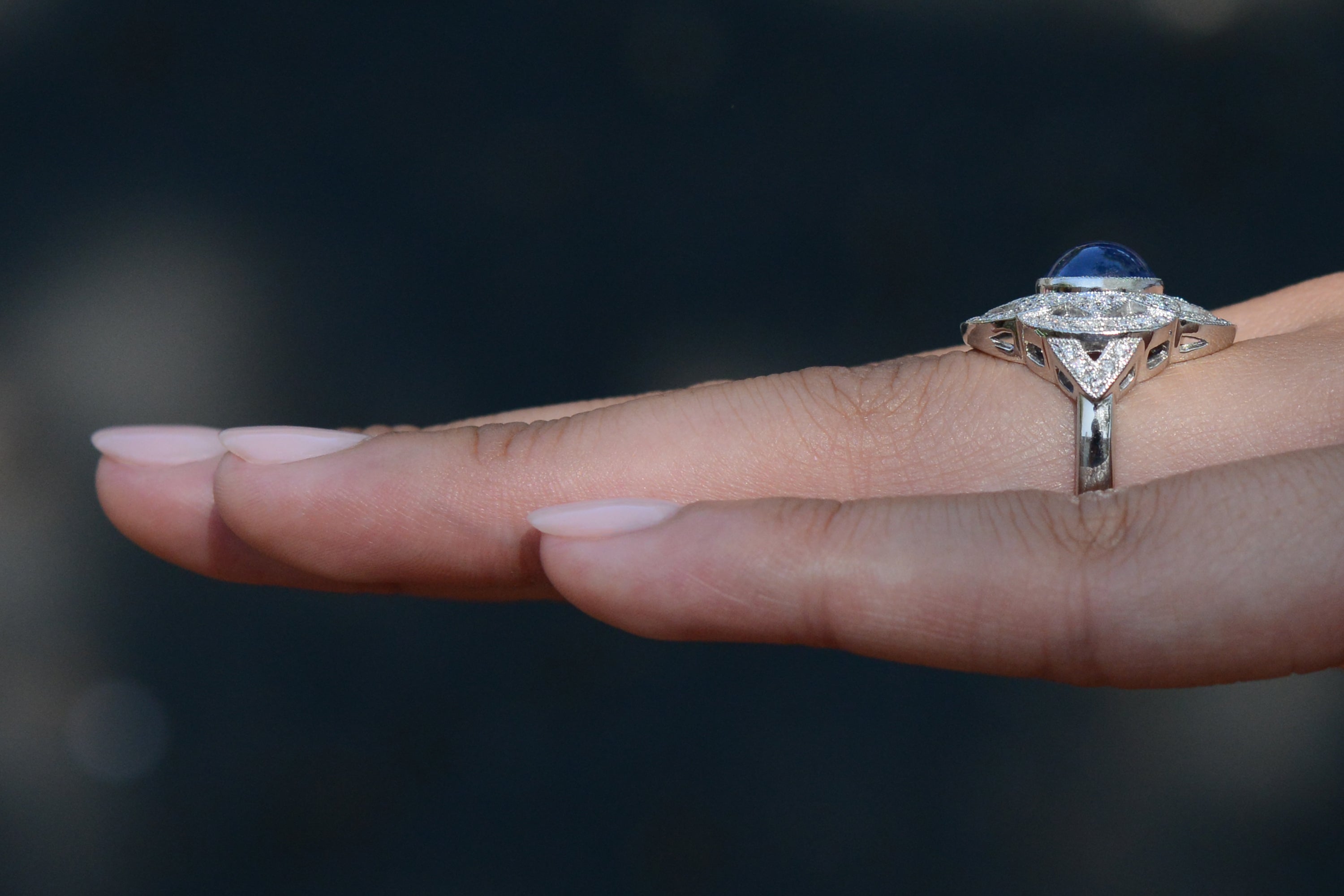 Vintage 3.79ct Sapphire Cabochon and Diamond Quatrefoil Ring