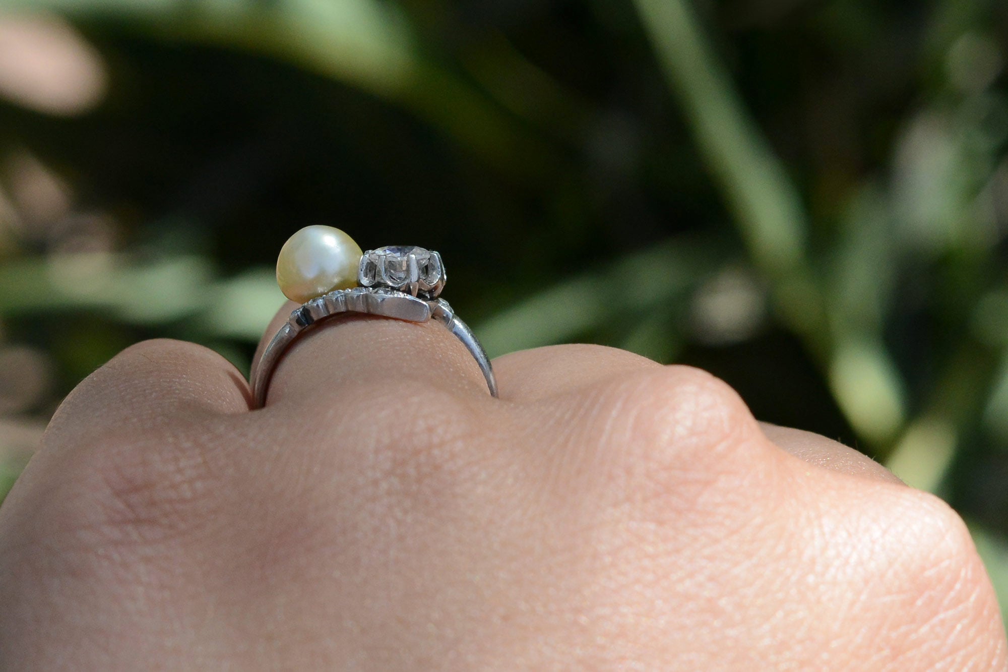 Antique 2 Stone Diamond & Natural Pearl Engagement Ring