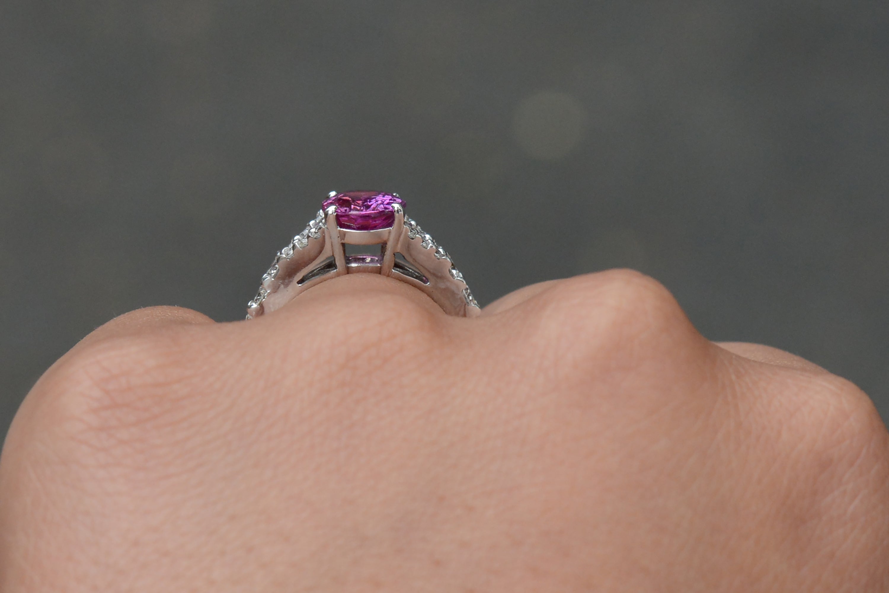 Vivid Pink Sapphire & Diamond V Band Engagement Ring