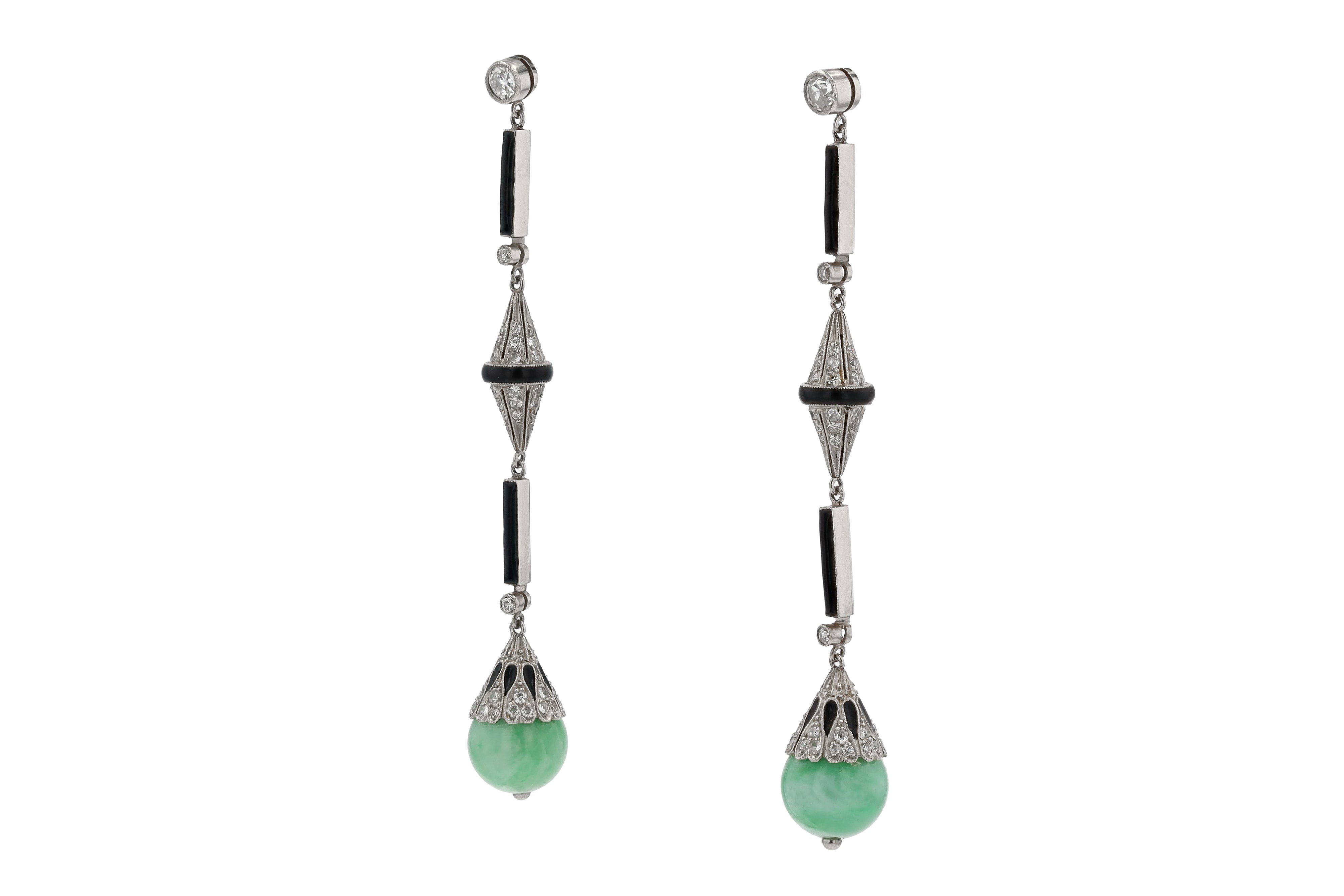Antique Art Deco Jade Onyx & Diamond Long Dangle Earrings