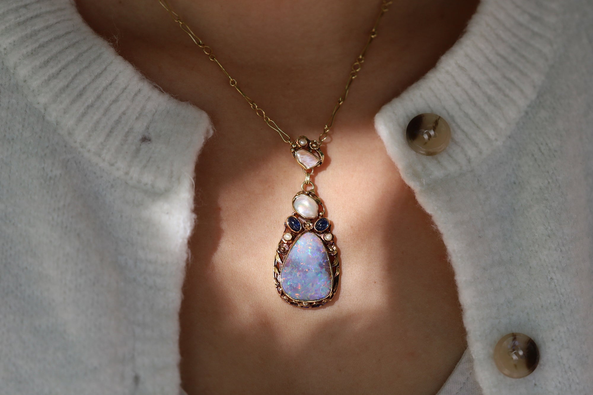 Art Nouveau Boulder Opal, Pearl & Sapphire Necklace