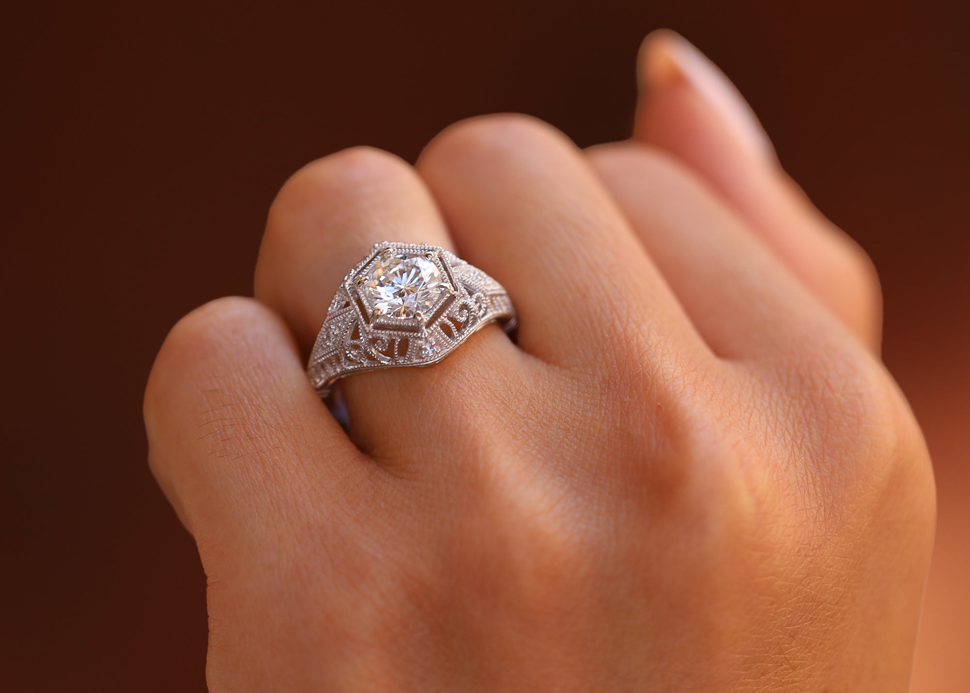 Art Deco Style 1.26 Carat Round Diamond Filigree Engagement Ring