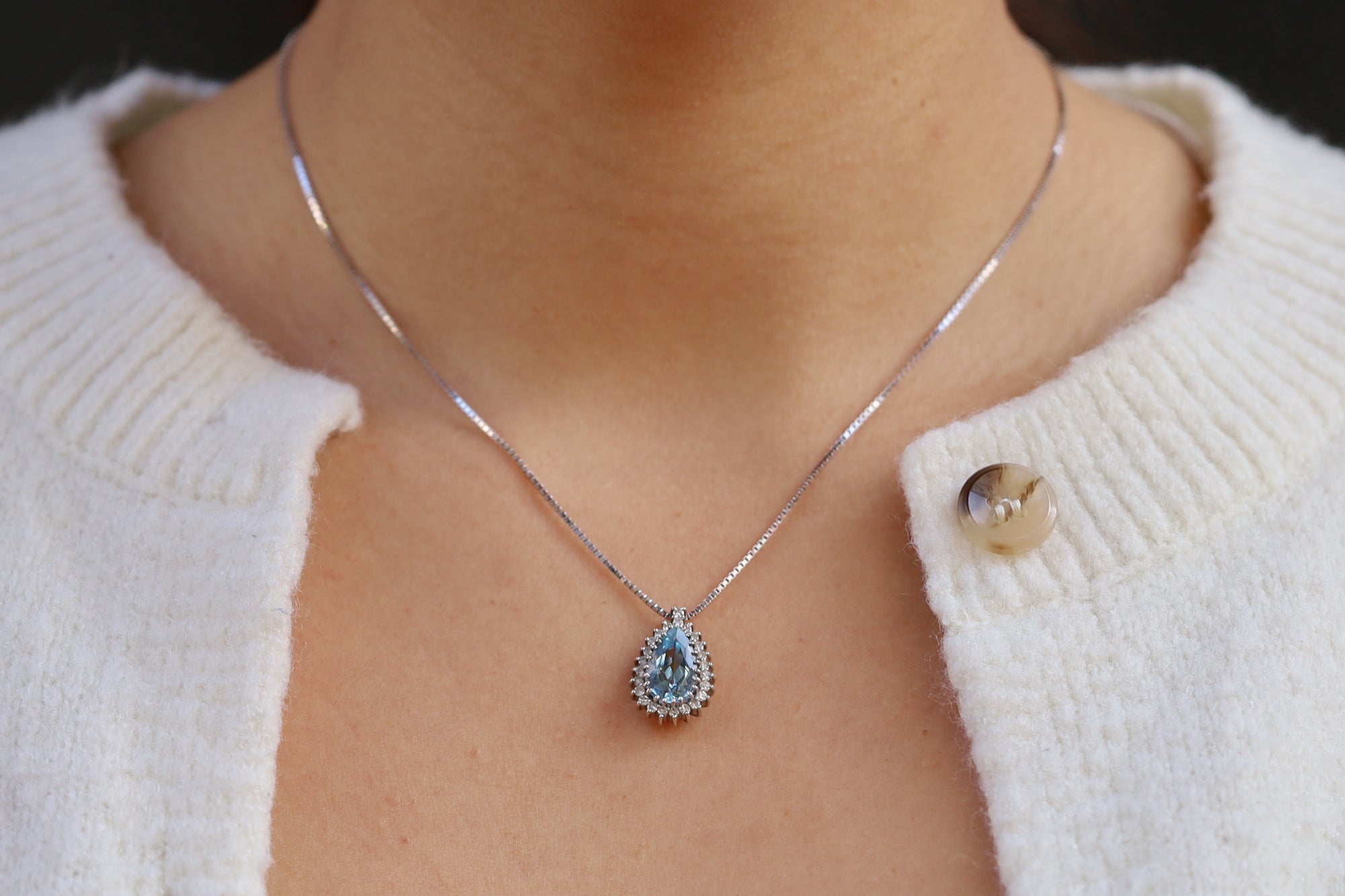 Vintage Pear Shape Aquamarine Diamond Halo Necklace