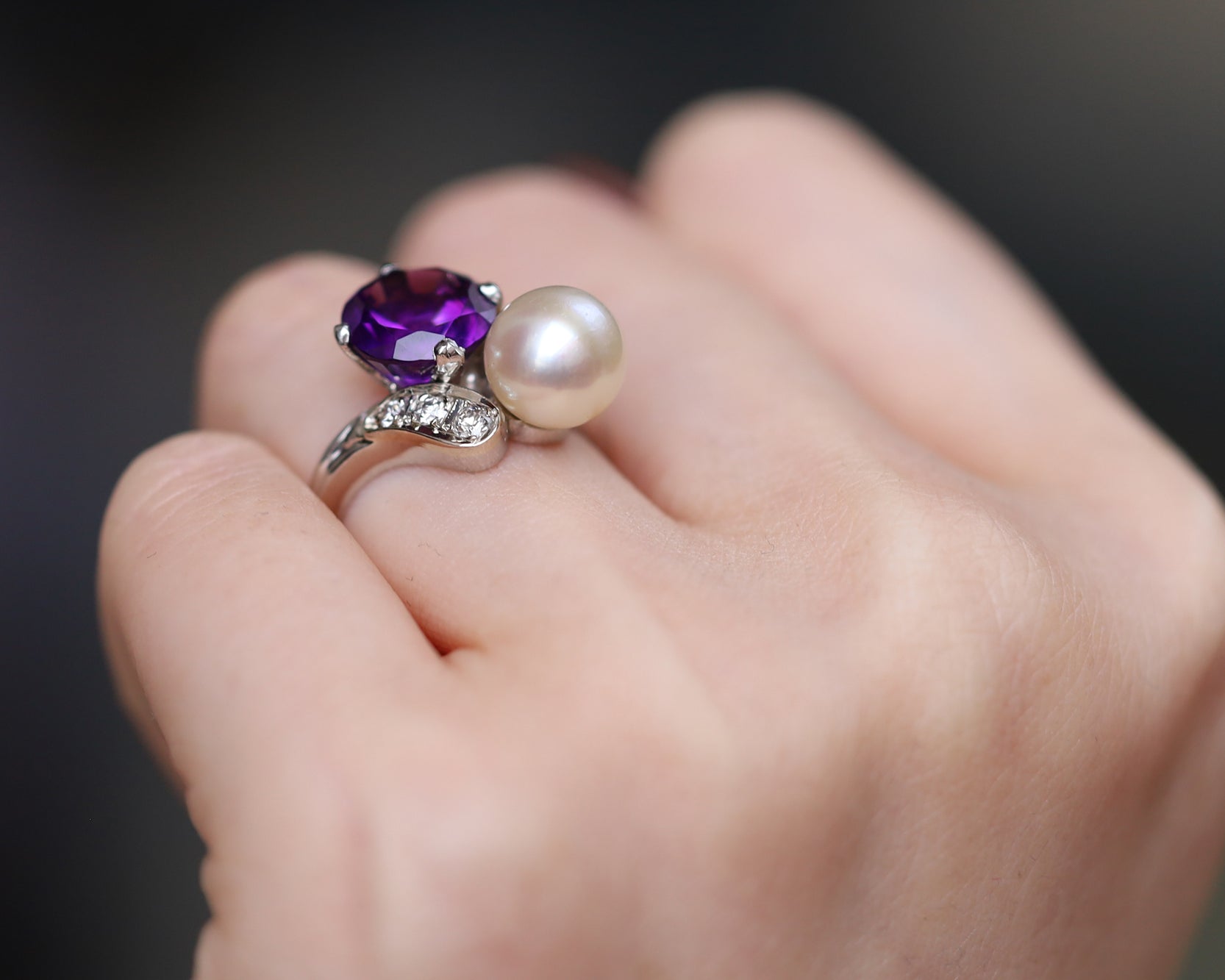 Art Deco Amethyst and Pearl Toi Et Moi Engagement Ring