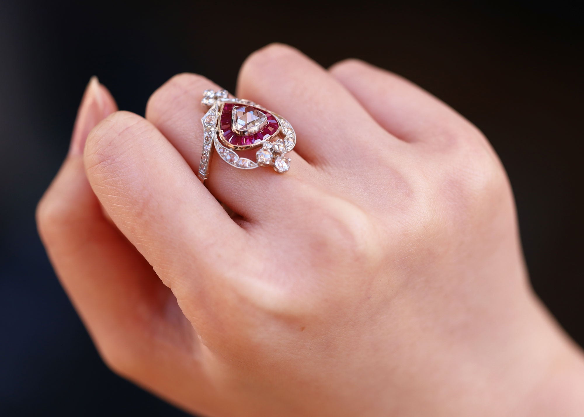 Georgian Inspired Crown Heart Rose Cut Diamond Ruby Engagement Ring