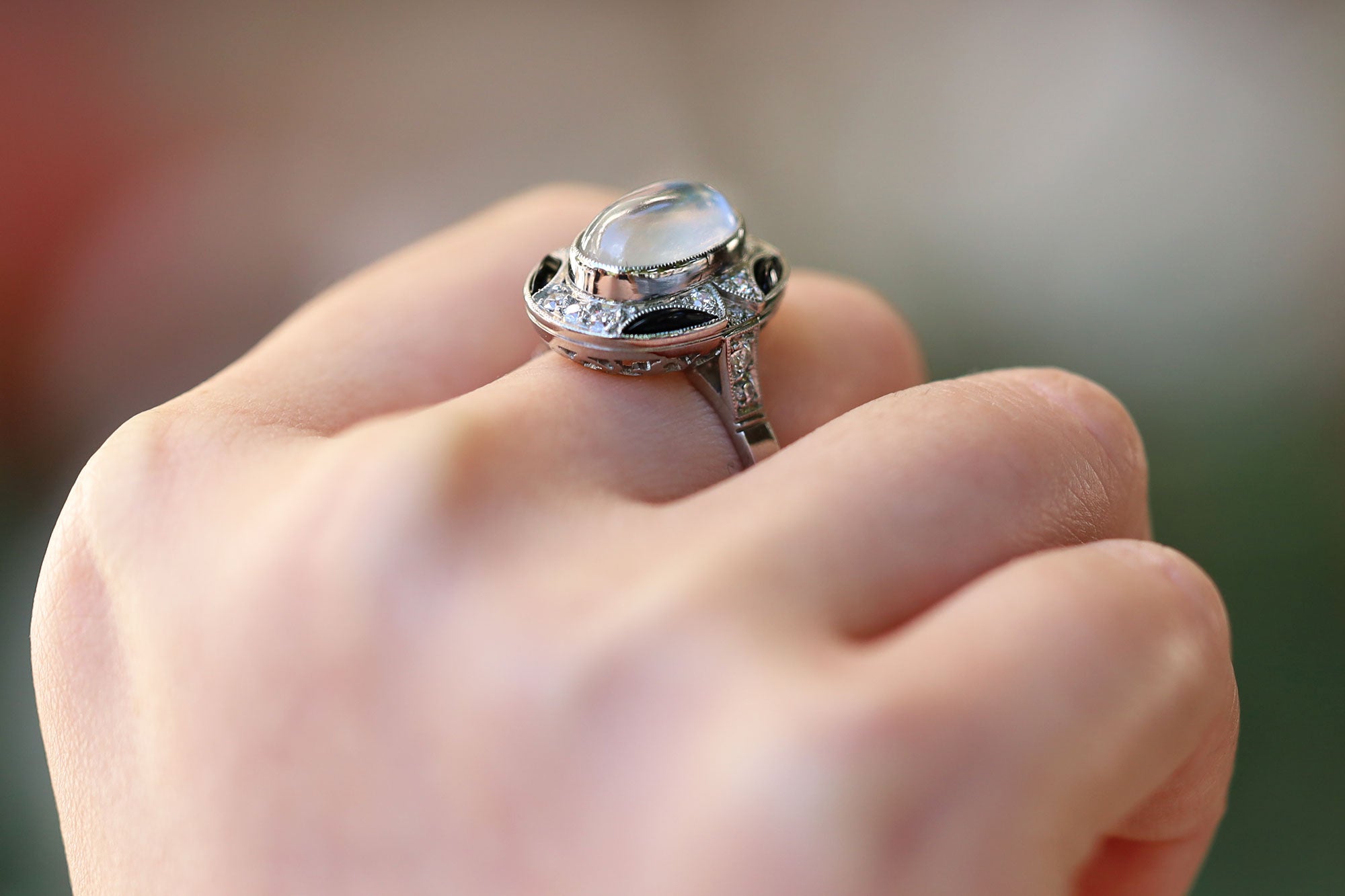 Estate Art Deco Style Moonstone Onyx Diamond Cocktail Ring