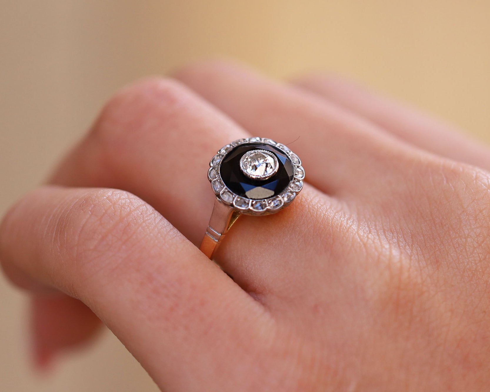 Antique Art Deco Old Mine Diamond & Onyx Target Engagement Ring