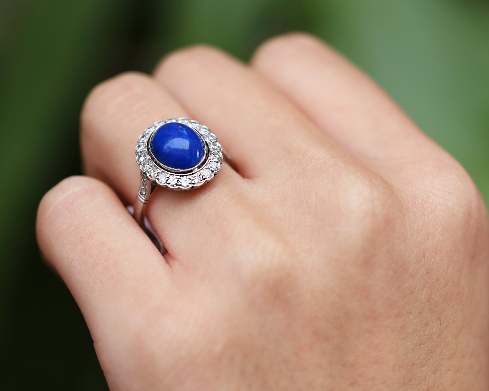 Vintage Art Deco Style Lapis Lazuli Diamond Platinum Gemstone Engagement Ring