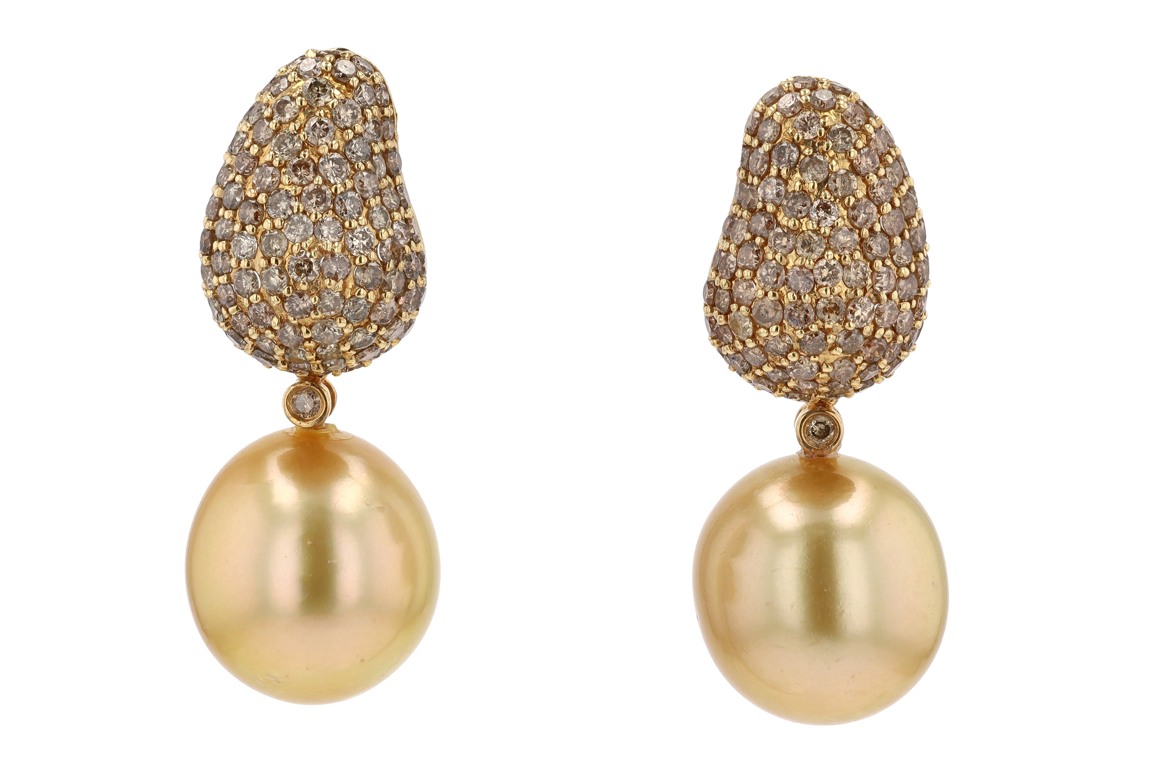 Large Golden South Sea Pearl Diamond Dangle Earrings