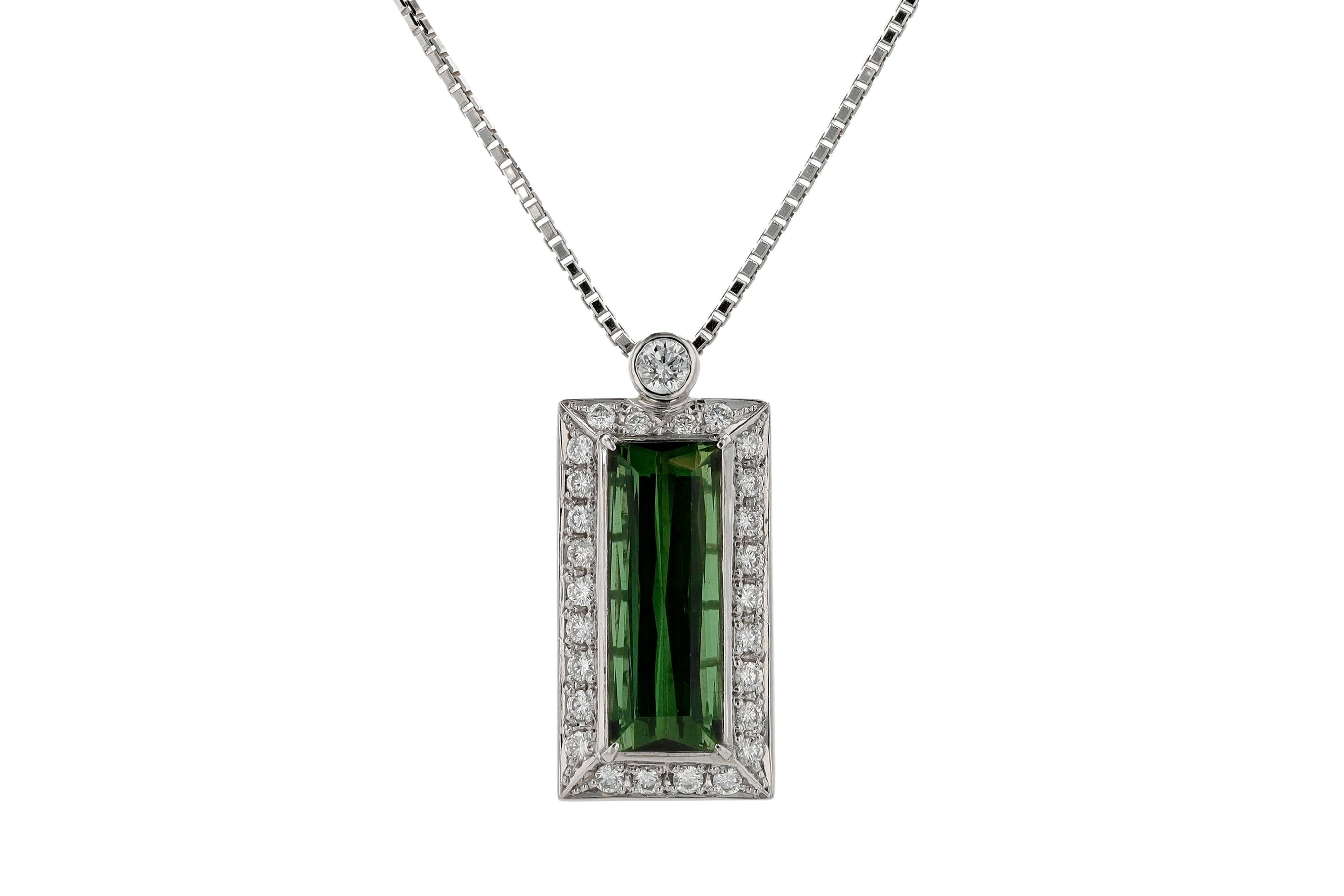 Modern 6 Carat Emerald Cut Green Tourmaline Diamond Pendant Necklace