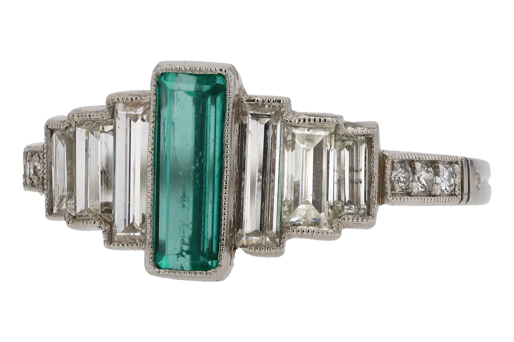 Art Deco Staircase Design Emerald and Diamond Engagement Ring
