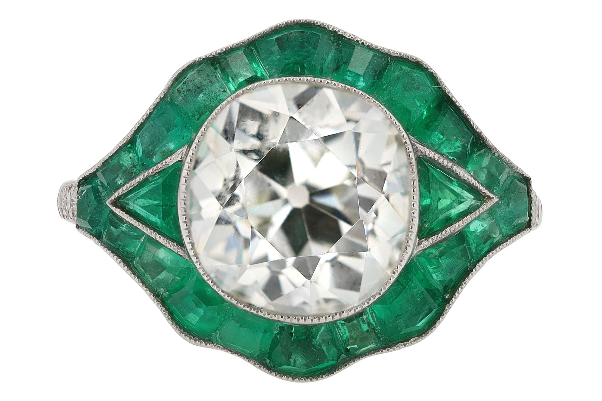 Antique 3.05 Carat Old Mine Cut Diamond & Emerald Platinum Engagement Ring