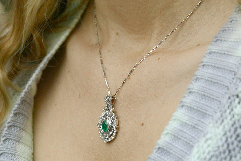Ornate Art Deco Style Estate Emerald & Diamond Necklace
