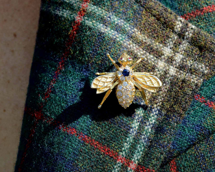 Mid-Century Diamond & Sapphire Bee Brooch Pendant