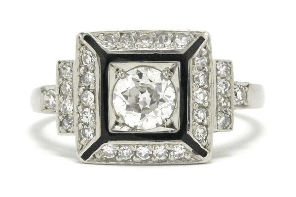 A square diamond and enamel geometric Art Deco wedding ring.