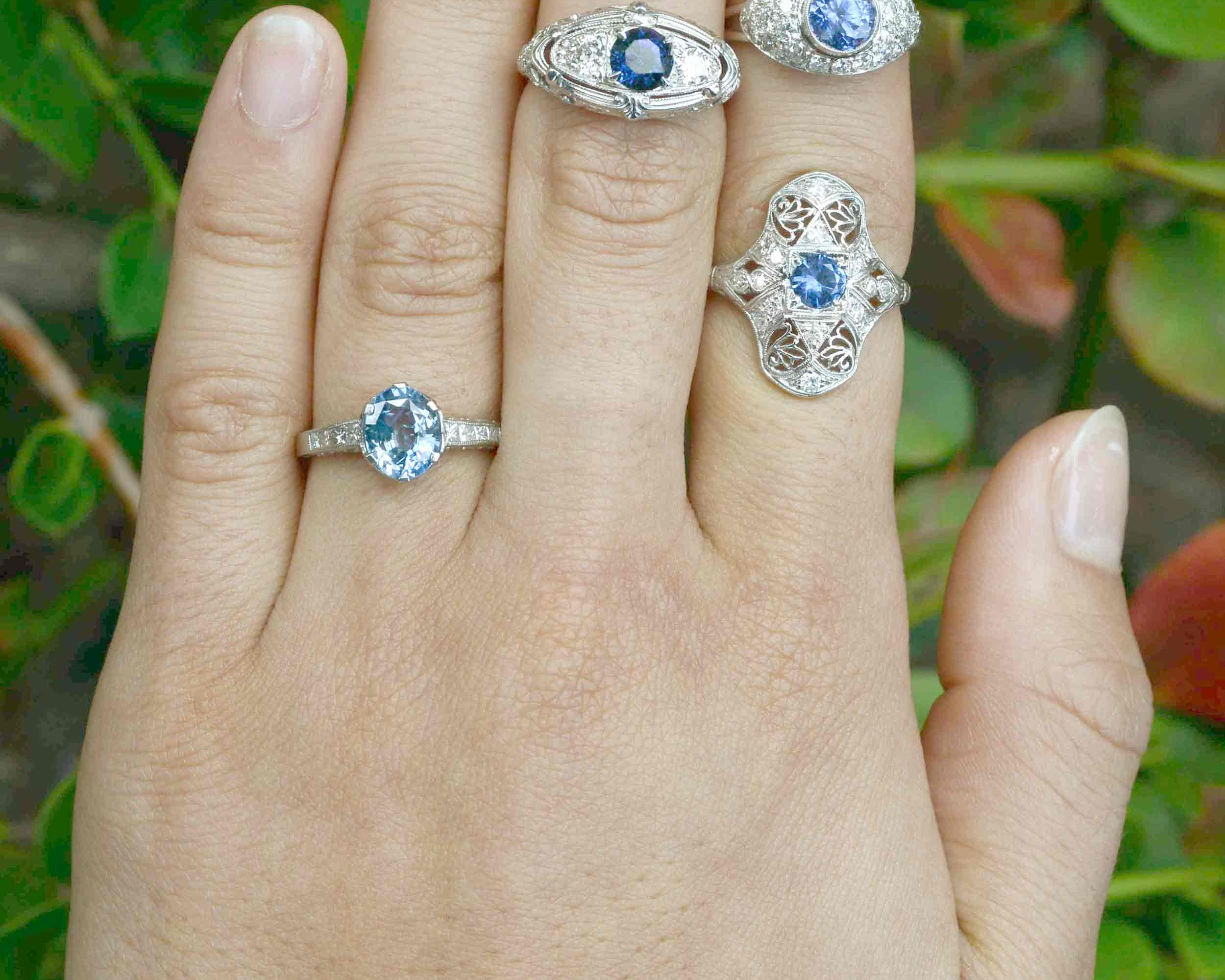 Unique, natural blue sapphire and diamonds Art Deco engagement rings.