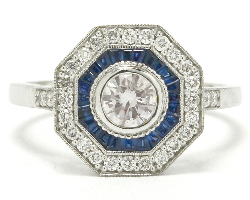 Octagon Art Deco style octagon diamond sapphires rings.