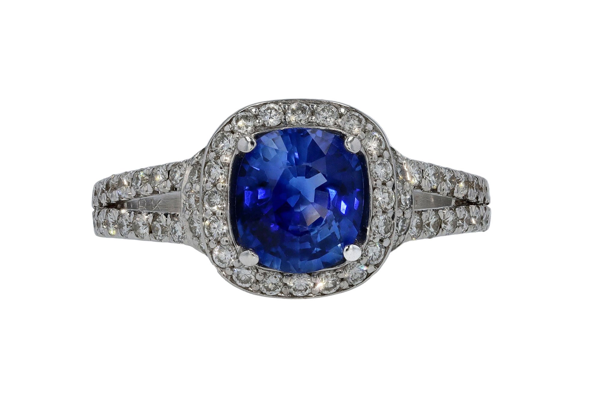 Contemporary Halo Diamond V Band Sapphire Engagement Ring
