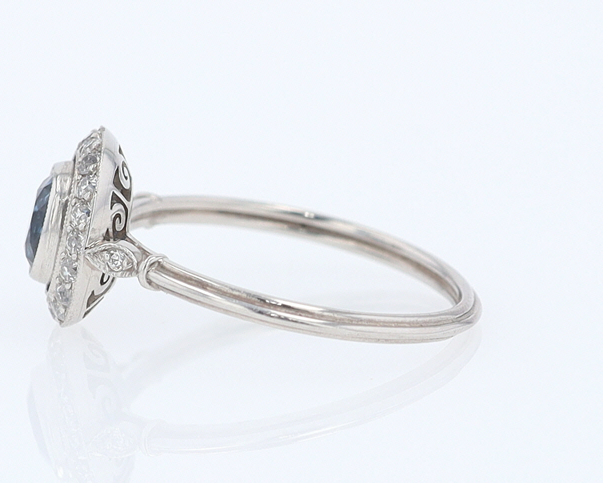 Art Deco Style Oval Sapphire Diamond Halo Engagement Ring