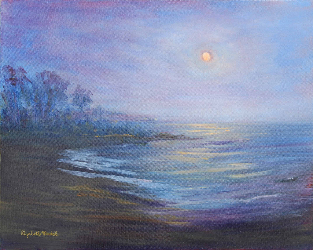 A moon lit Santa Barbara shoreline oil painting with blue and purple hues.