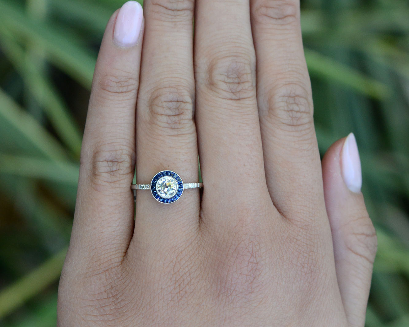 Art Deco Style Antique Diamond and Sapphire Halo Engagement Ring