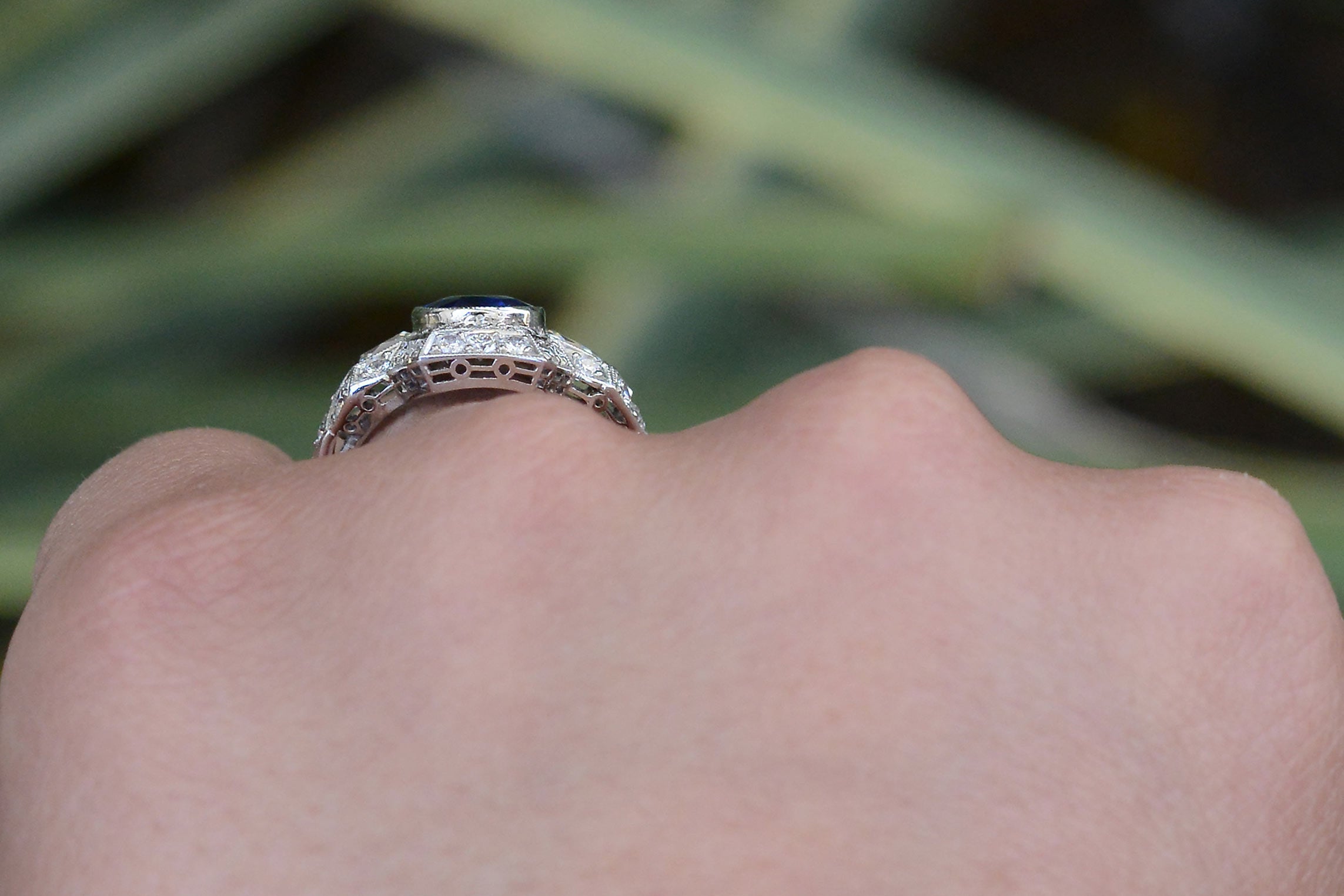 Belle Epoque Style Sapphire & Diamond Long Filigree Ring